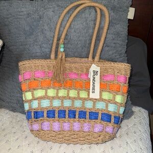 Handmade Multicolor Woven Tote Bag Beaded Tassel Double Handles